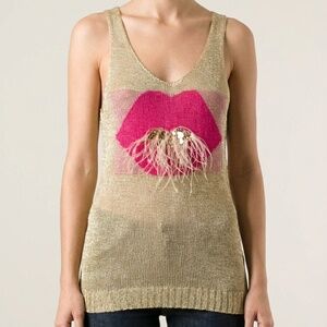 LSS Paris Gold Metallic Mesh Tank Top Lip Graphic Sleeveless Size XS/S
